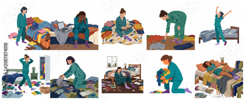 Tableau sur toile Set of illustrations depicting women struggling with messy rooms, burnout, and m