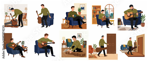 Fotografía Vector illustration set of a young man playing, tuning, and packing an acoustic guitar in a cozy home environment, perfect for music, lifestyle, and hobby-related creative projects