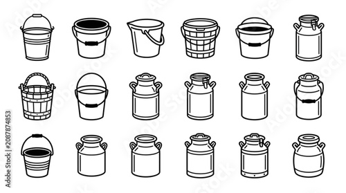 Quadro su tela Buckets and Milk Cans Vector Icon Set Featuring Pails Dairy Containers Water Ves