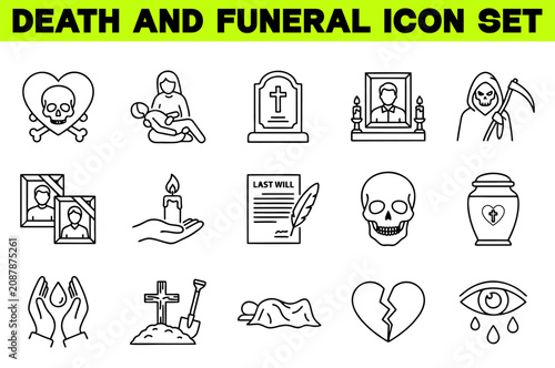 Death and Funeral Line Icon Set, Editable Stroke Vector Illustration with Coffin, Urn, Wreath, Candle, Gravestone and Cross Symbols