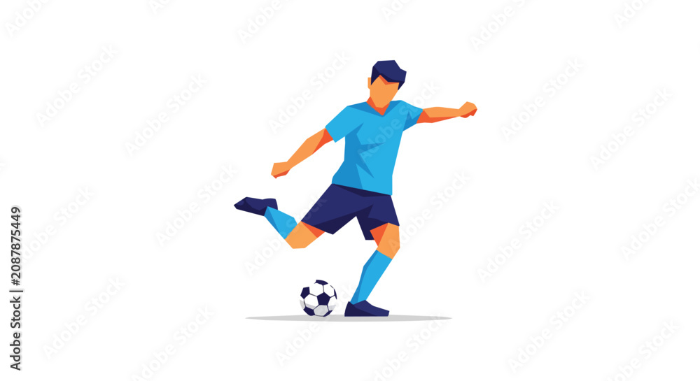 Fototapeta premium Soccer Player Character Kicking Ball Flat Illustration Action Pose Athletic Man in Blue Sports Uniform