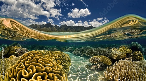 Stunning underwater view of vibrant coral reefs and a placid surface.