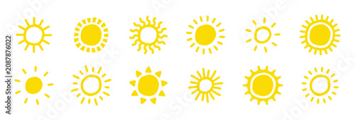 Canvastavla Set of bright yellow minimal hand-drawn different sun on white background, drawi