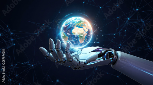 Innovative AI robot hand cradles glowing Earth with futuristic digital network connections, symbolizing global connectivity and technological advancement in the digital age