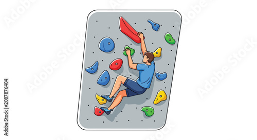 Athletic Man Training on Indoor Rock Climbing Wall with Colorful Bouldering Holds for Healthy Sport Lifestyle