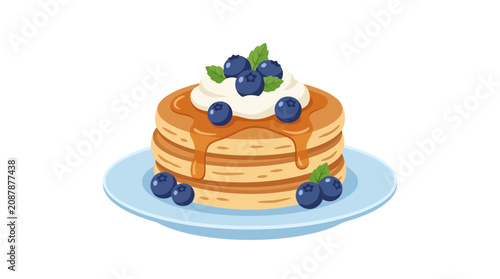 Stack of Blueberry Pancakes with Whipped Cream and Syrup