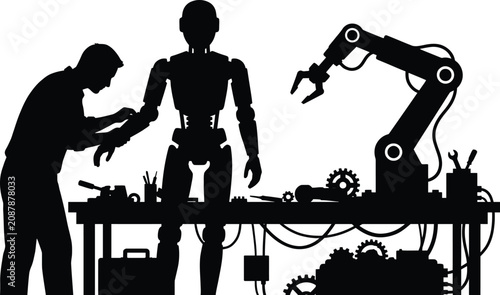 Foto Silhouette of a mechanic working on a humanoid robot with robotic arm automation
