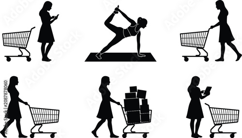 Photos Silhouette collection of women with shopping carts and exercising white backgrou