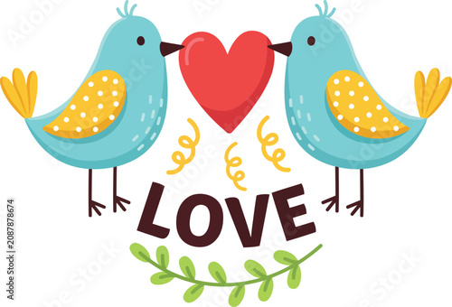 Foto Two blue love birds facing each other with a red heart and love text