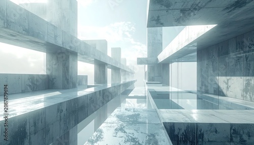 Abstract sunlit concrete pillars in modern architectural corridor.