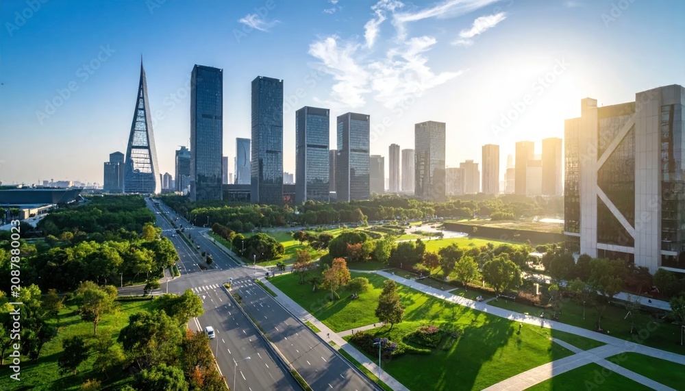 Fototapeta premium Aerial view of modern city skyline with sunrise glow.