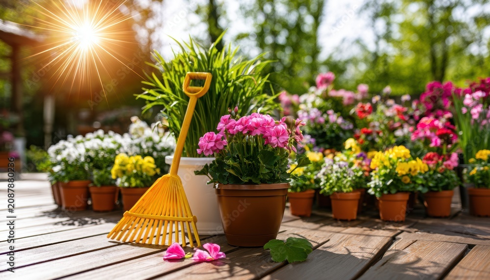 Fototapeta premium Blooming Pink Flowers in Garden Pots with Lush Green Foliage Decorative Spring and Summer Floral Arrangement for Home Garden Gardening and Nature Concept
