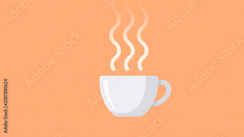 Minimalist white coffee cup with steam icon on pastel orange background vector illustration