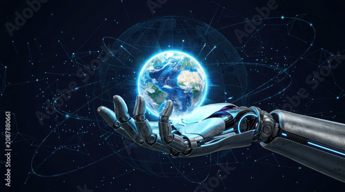Robotic hand holding Earth A compelling visualization of artificial intelligence driving global innovation, interconnected technology, and sustainable future