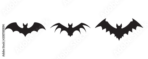 Photos Three Spooky flying bat silhouette vector, Halloween bat icon