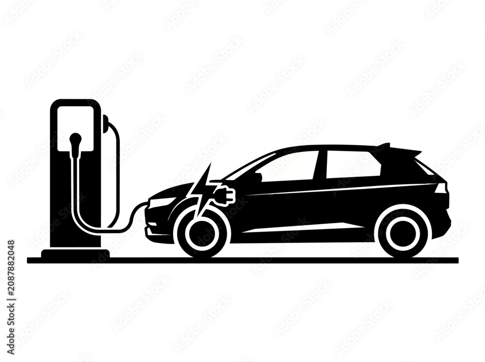 Naklejka premium Electric car plugged into a charging station silhouette icon isolated on a white background for modern energy and transport.