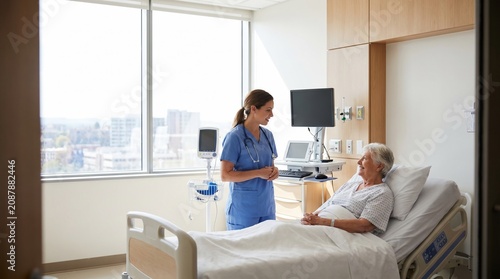Nurse Comforting Senior Patient During a Medical Consultation in a Modern Hospital Room Offering Compassionate Healthcare Service