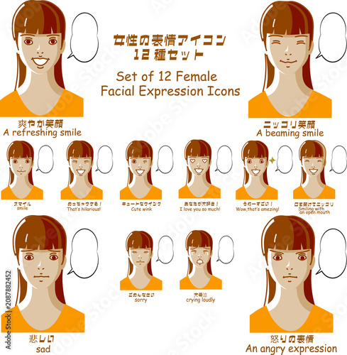 女性の表情アイコン12種セット（ブログ・SNS・Web素材）