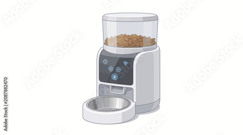 Modern automatic pet feeder with a digital timer for portion control and scheduled meals, white vector illustration