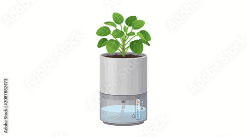 Minimalist self watering plant pot illustration featuring a modern hydroponic indoor gardening container with a water level indicator