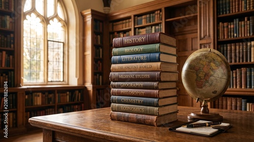 A scholarly stack of aged hardcover books and a vintage globe sit upon a polished wooden desk in a grand, sunlit traditional library room, creating an atmosphere of academic research and wisdom.