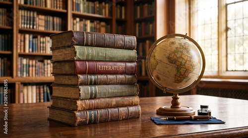 A scholarly atmosphere featuring a tall stack of antique leather-bound books placed on a polished wooden desk beside a vintage desktop globe and an inkwell in a quiet, classic private library room