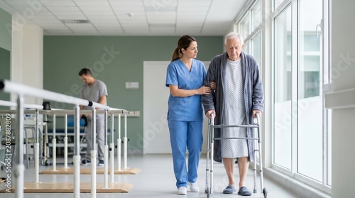 Physical Therapy for an Elderly Man Walking with a Walker and Nurse Assistance During Rehabilitation