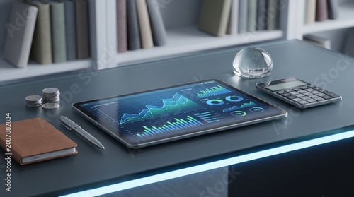 A professional financial analyst workspace featuring a modern tablet displaying glowing data charts on a sleek desk with a notepad, calculator, and books in a quiet office setting during the day