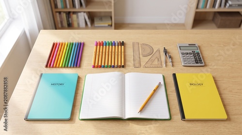 A professional student workspace featuring a neatly organized wooden desk with colorful pencils, geometry tools, a calculator, and open notebooks, creating an atmosphere of organized academic study