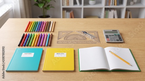 A student or professional prepares for an organized study session at a wooden desk, featuring colorful pens, notebooks, a calculator, and drafting tools in a bright, productive home office setting.
