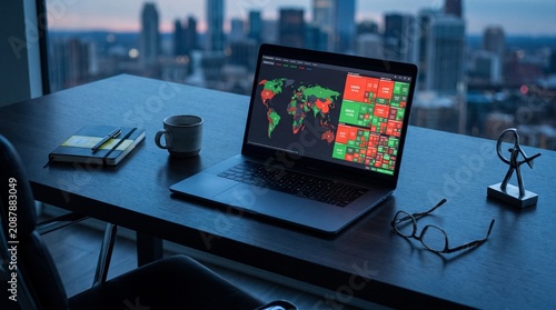A solitary professional remote worker monitors global financial market data on a laptop screen at a sleek desk within a high-rise office overlooking a city skyline during a moody blue hour evening