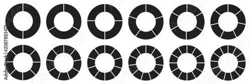 Donut charts, pies segmented on equal parts. Diagram infographic set. Circle section graph. Wheels divided in sections. Pie chart round icons. Loading bar layout icon set. Eps 10.