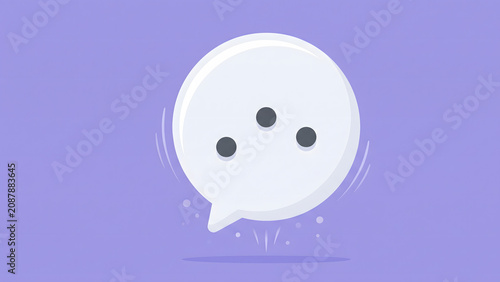 Minimalist 3D speech bubble icon with three dots on purple background, concept of online chat, messaging, notification, and digital communication