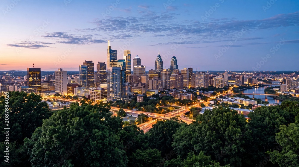 Fototapeta premium Philadelphia city skyline at sunset with lights