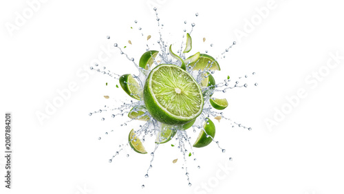 Fresh green lime fruit slice exploding in water with dynamic liquid splashes and droplets isolated on a solid black background, for food