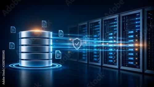 Modern database server rack transferring digital file documents with glowing security shield representing safe cloud archiving infrastructure