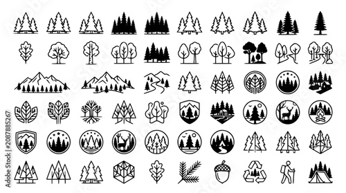 Konstfotografi Wilderness travel web icons including pine tree silhouettes geometric badges nat