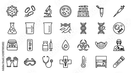 Fotografía Linear science lab web icons including germs pathogens infection vaccine syring