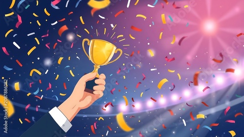 Hand Holding Trophy Amidst Confetti and Festive Lights