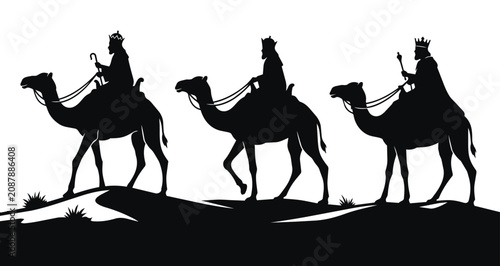 Slika na platnu Silhouette of the Three Wise Men riding camels in the desert night