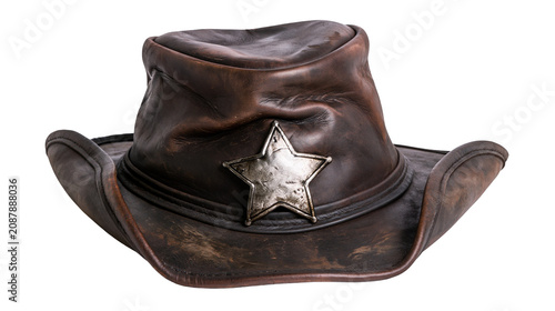 Bild auf Leinwand Brown distressed leather cowboy hat with silver star badge, isolated on transpar