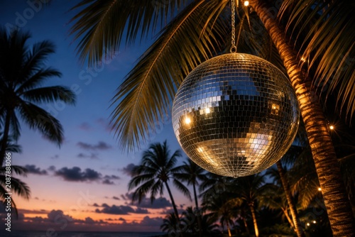 Mirror disco ball hanging among palm trees on a tropical beach at sunset. Summer party, nightlife, vacation, music festival and exotic celebration concept