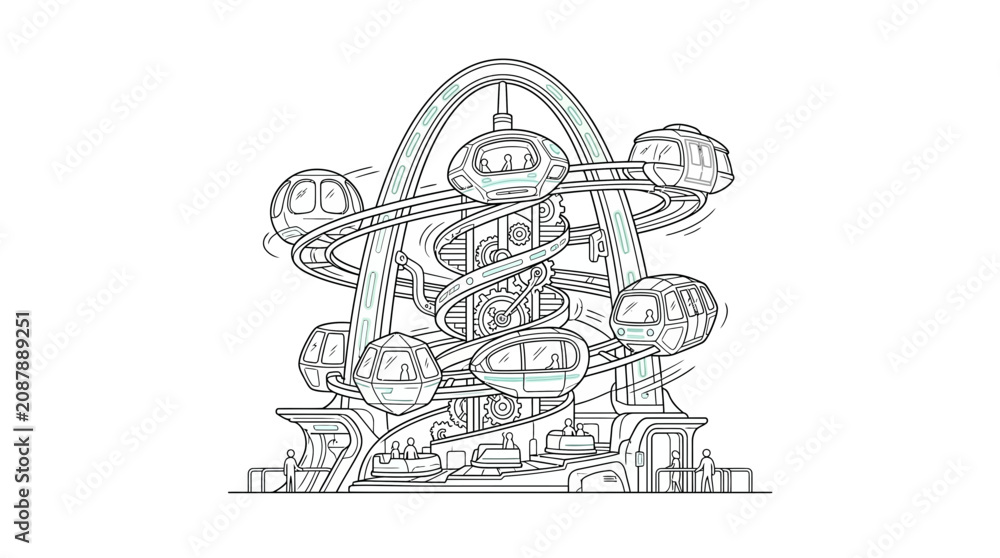 Obraz premium Futuristic Ferris Wheel with Modern Pods, Line Art Illustration