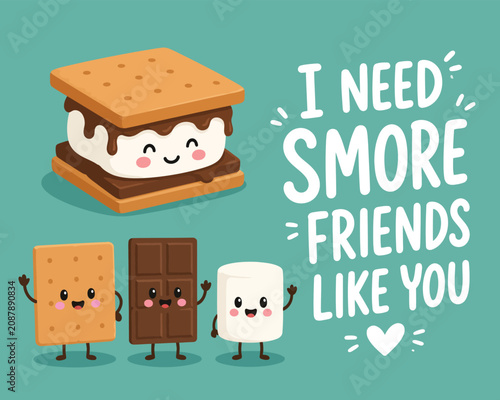 Cute Kawaii Smores Characters with Friendship Pun Text for Greeting Cards and Camping Dessert Illustration