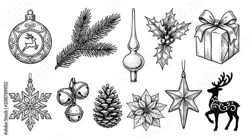 Vintage black ink Christmas icon set, isolated holiday element sketch, winter season ornament collection on white background