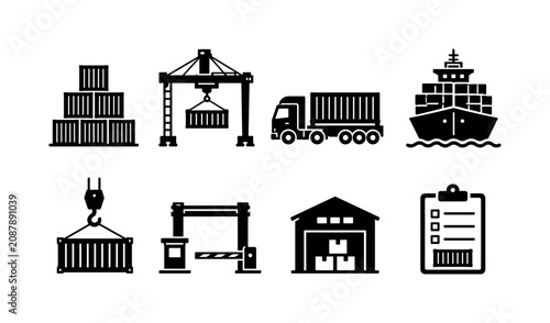 Container Terminal. Filled icon set of Container Terminal: stacked containers, gantry crane, cargo truck, container ship, loading hook, port gate, logistics warehouse, shipping manifest. Solid icons