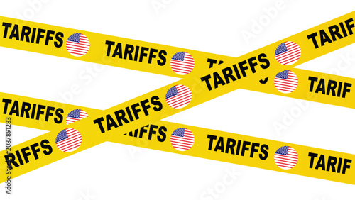Yellow and Black Caution Tape with Tariffs Text on White Background for Business and Trade Concept