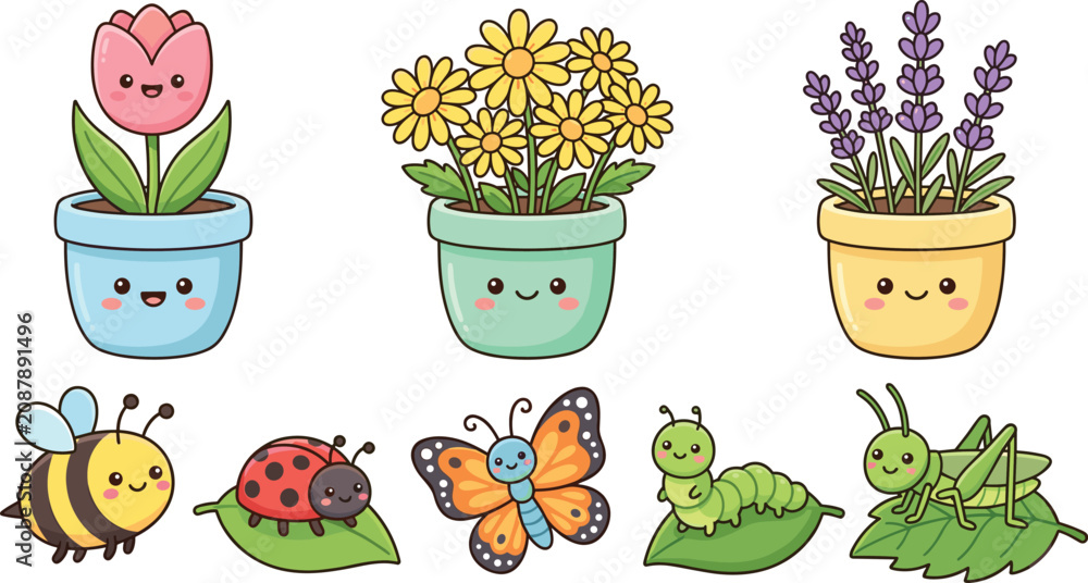 Fototapeta premium Cute garden character collection, kawaii flowers and insects, adorable nature mascots, colorful vector illustration bundle