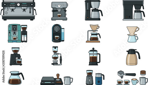 Coffee maker equipment collection, brewing machine accessories set, barista cafe essentials, detailed vector illustration bundle