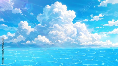 入道雲と日差しが降り注ぐ夏の空と海のアニメ背景